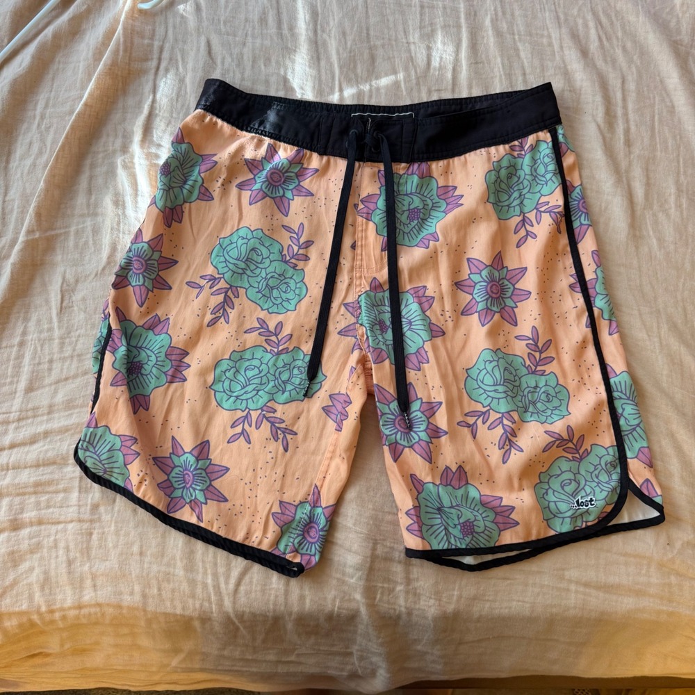 Lost Enterprises Mens Floral Board Shorts Peach Rose Print Swim Trunks Size 30